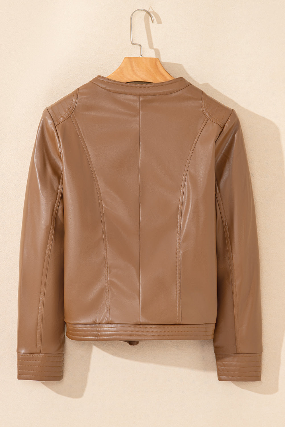 Outfit Flow - PU Leather Round Neck Long Sleeve Jacket