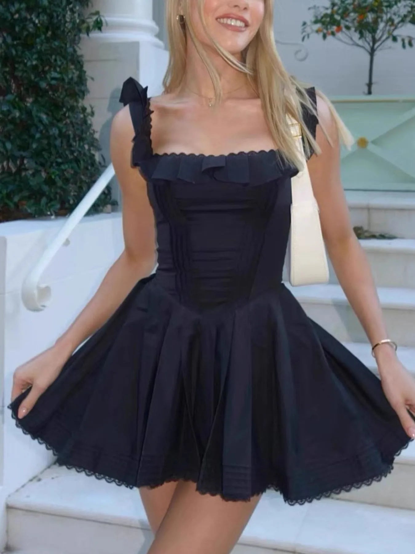 Square Neck Pleated Mini Dress OutfitFlow