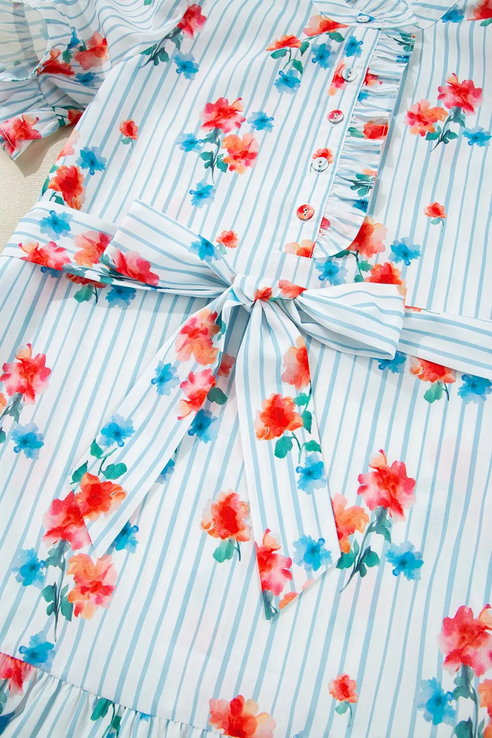 Stripe Floral Pattern Ruffle Short Sleeve Belted Mini Dress OutfitFlow