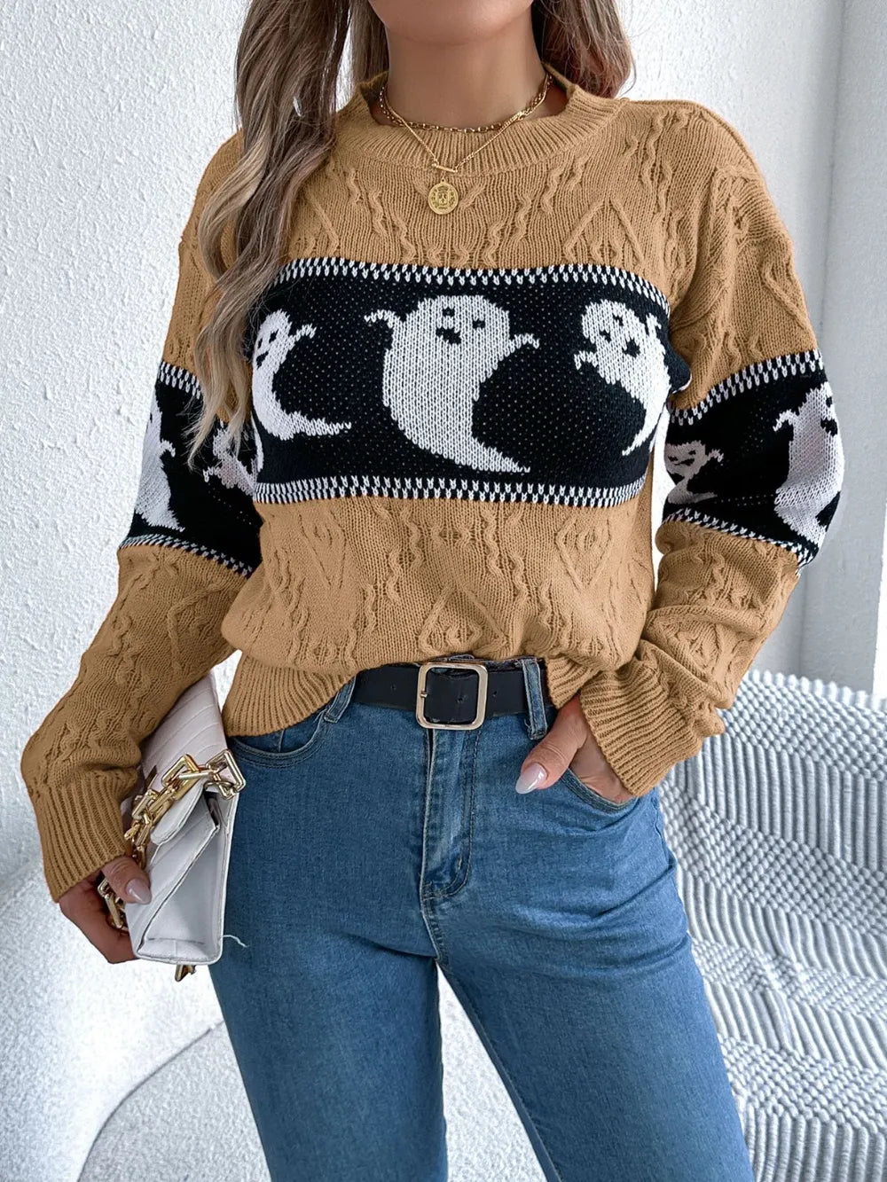 Ghost Round Neck Long Sleeve Sweater OutfitFlow
