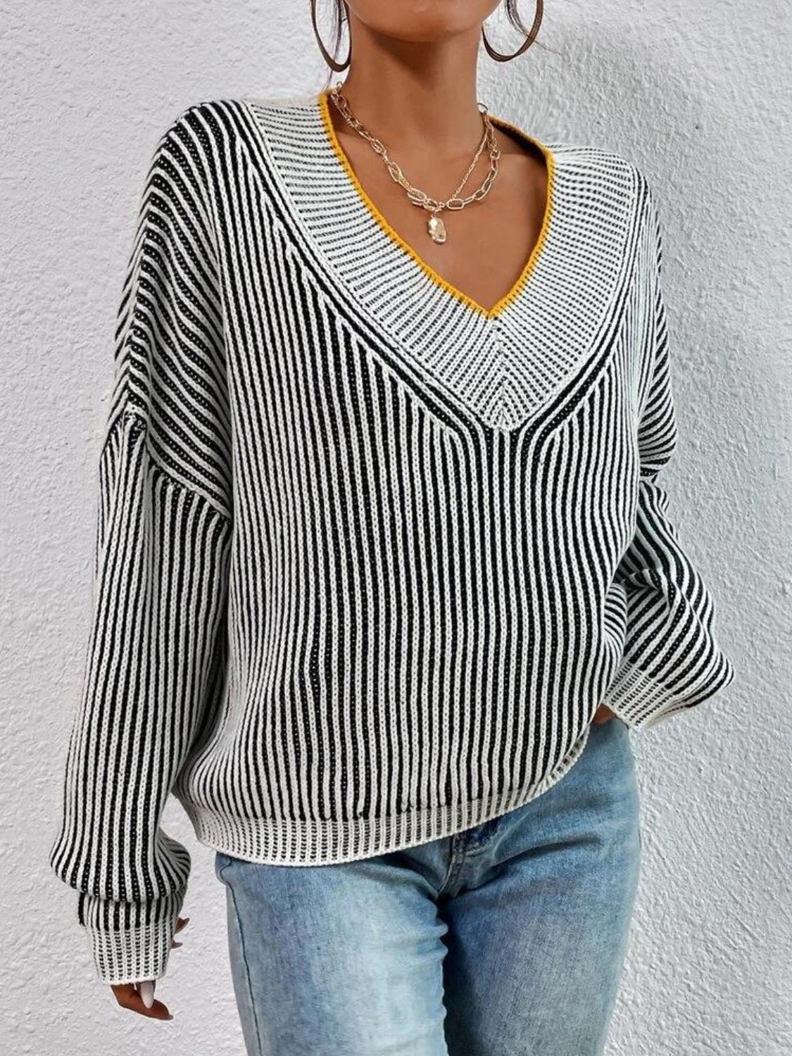 Outfit Flow -  Striped V-Neck Long Sleeve Sweater