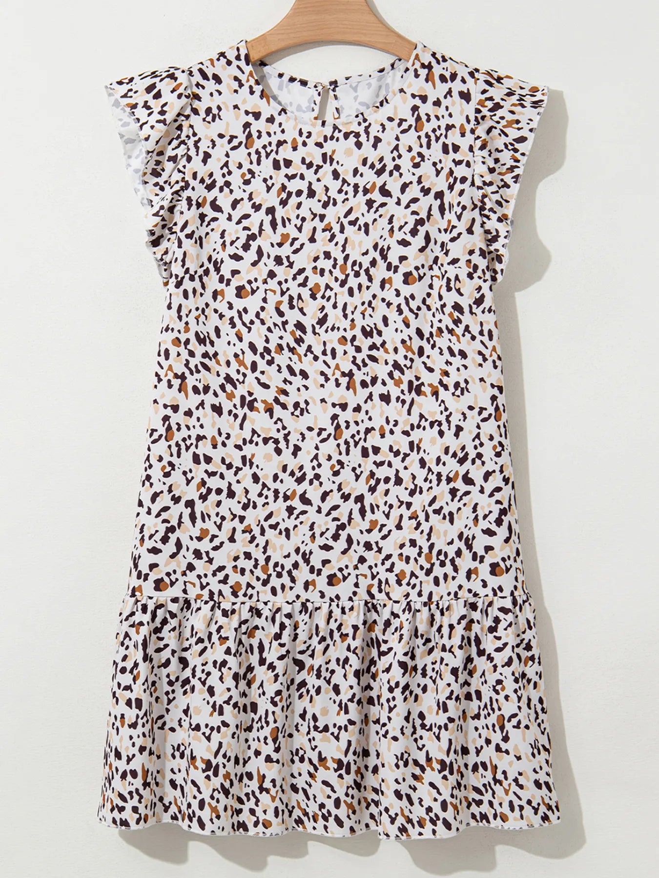 Leopard Ruffled Flutter Sleeve Keyhole Back Mini Dress OutfitFlow