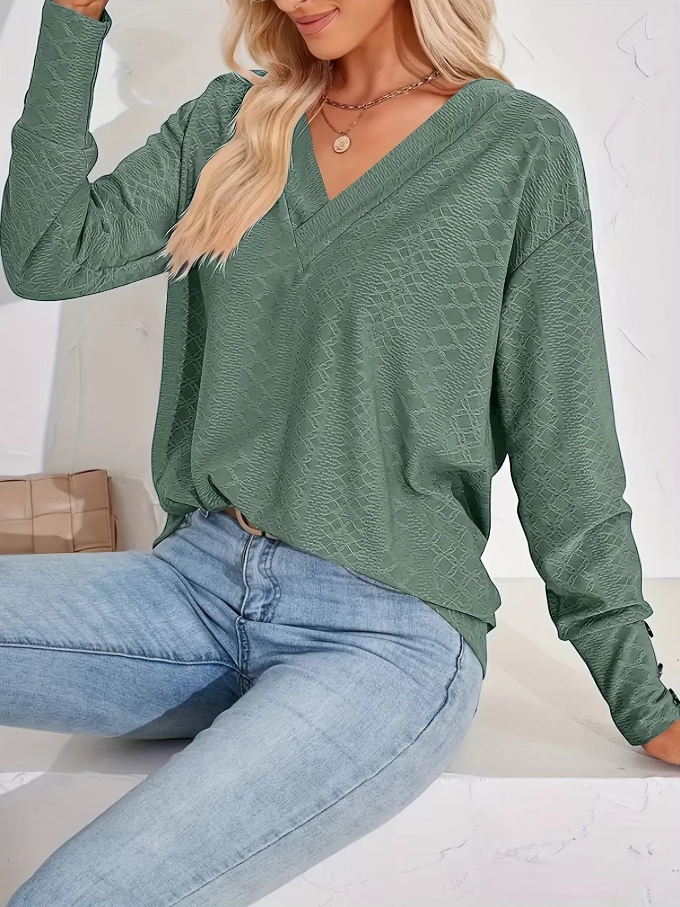 Plus Size V-Neck Textured Long Sleeve T-Shirt Army Green OutfitFlow