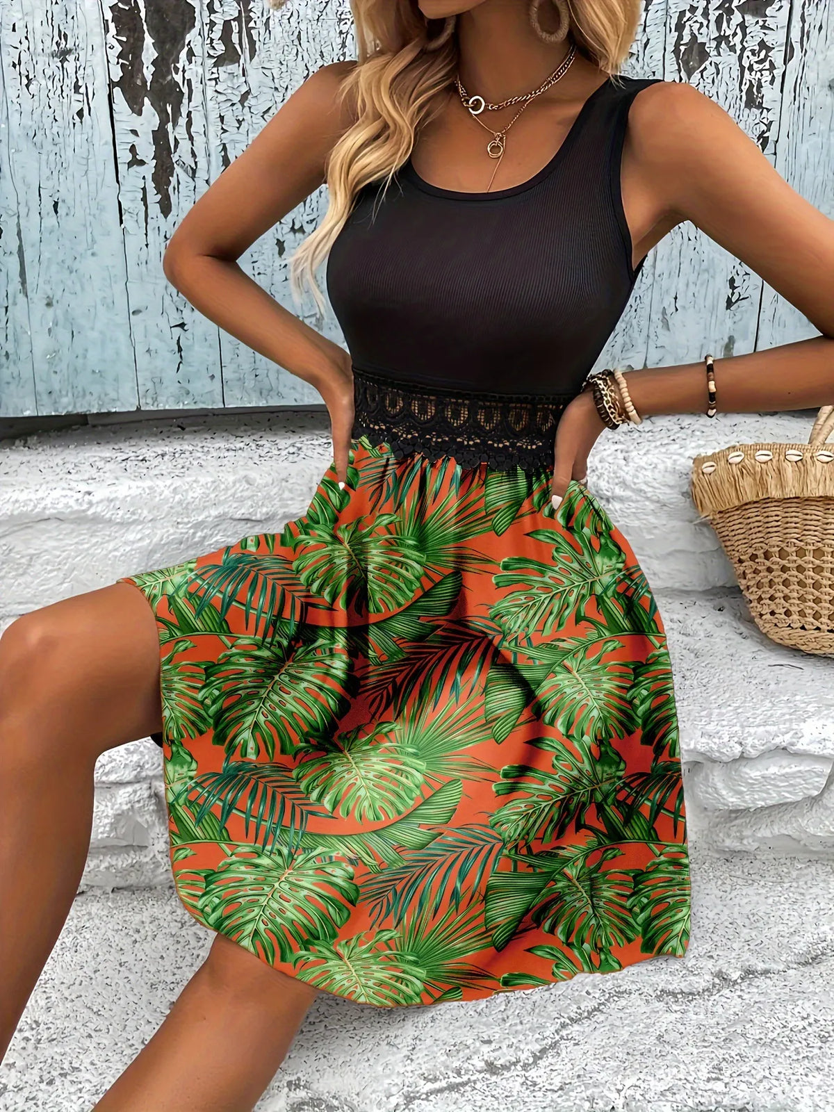Tropical Print Sleeveless Summer Dress with Lace Waist Detail Orange OutfitFlow