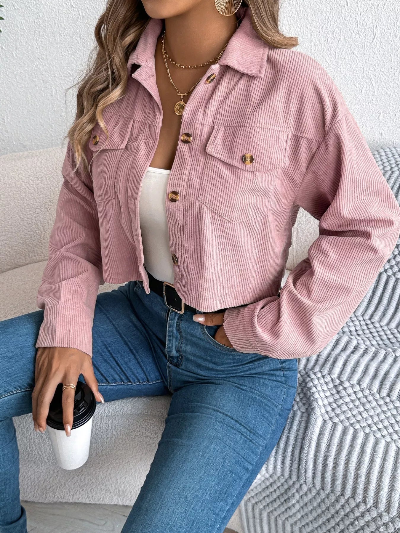 Corduroy Button-Up Dropped Shoulder Jacket Pink Trendsi