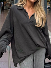 Collared Neck Dropped Shoulder Oversized Sweatshirt Gray Trendsi