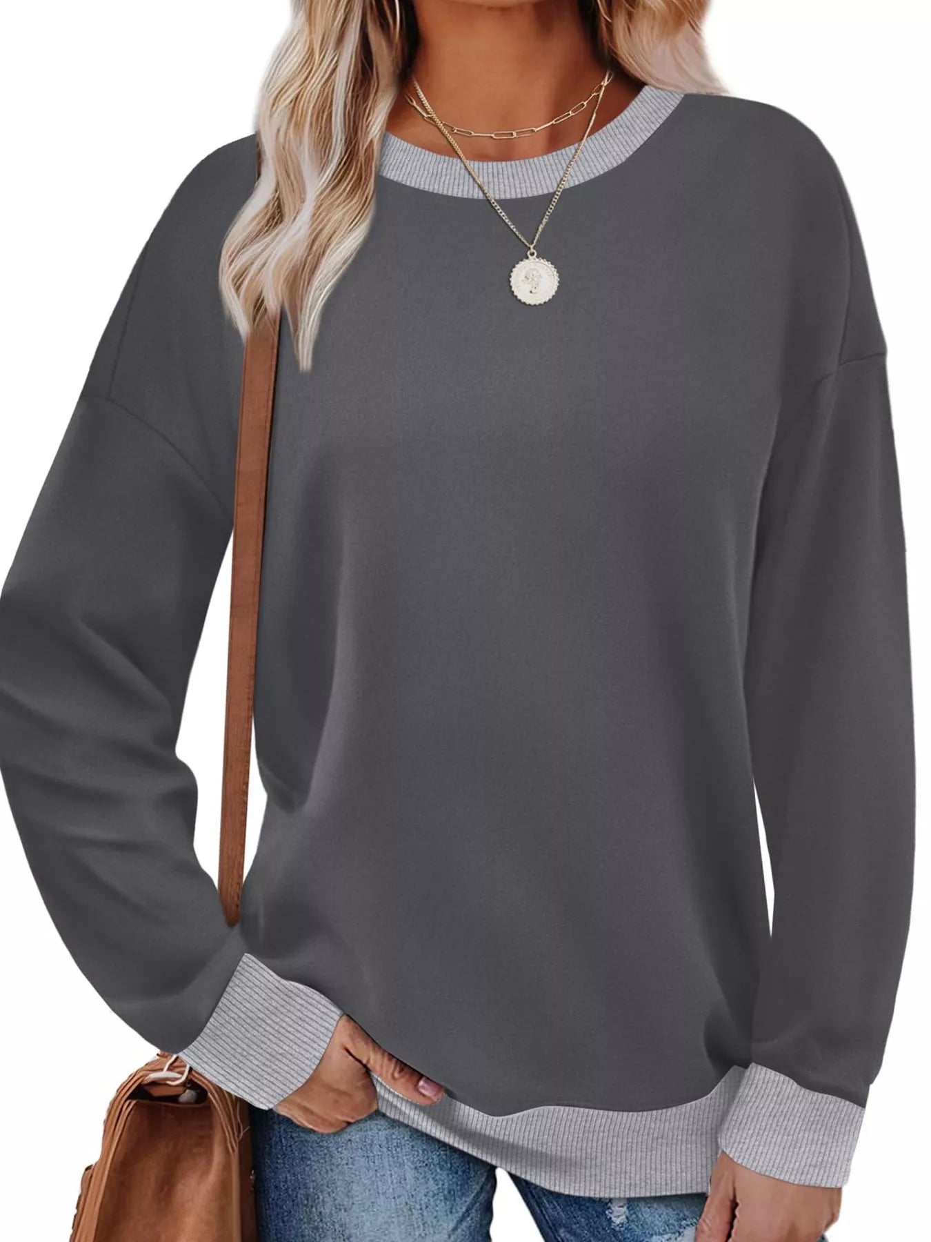 Contrast Trim Crew Neck Casual Sweatshirt Grey OutfitFlow