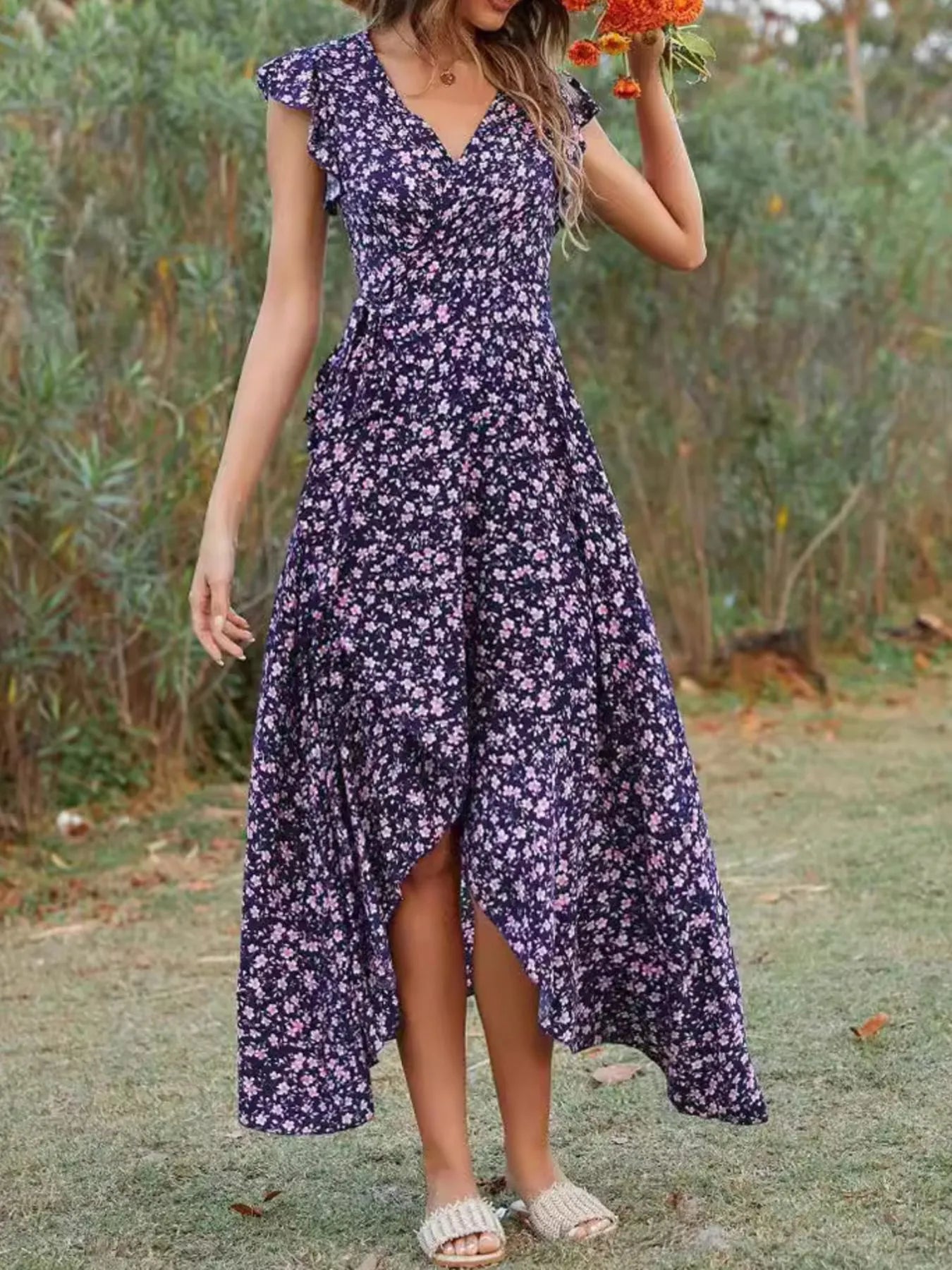 Printed Surplice Ruffle Sleeve Dress OutfitFlow