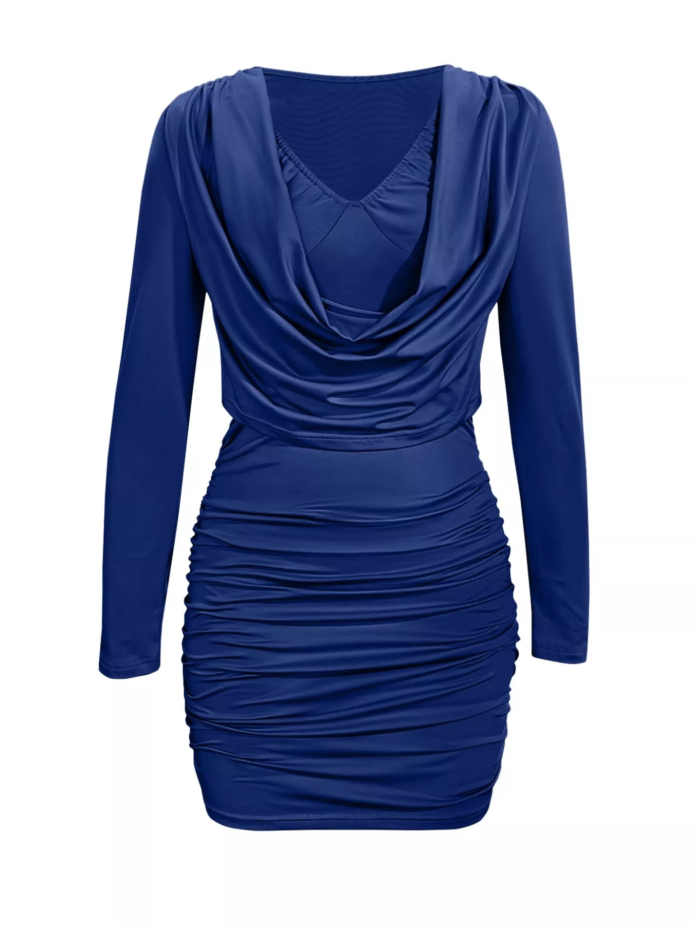Draped V-Neck Long Sleeve Bodycon Mini Dress Navy OutfitFlow