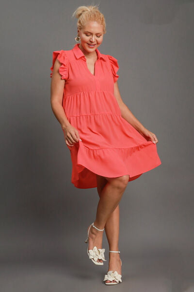 Umgee Full Size Johnny Collar Ruffle Cap Sleeve Tiered Dress Plus Size OutfitFlow