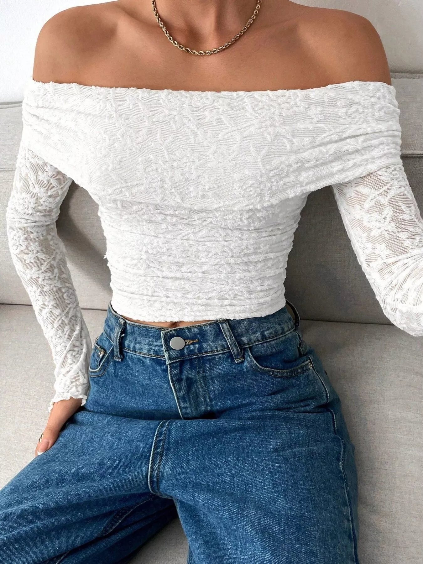 Lace Off-Shoulder Long Sleeve Top OutfitFlow