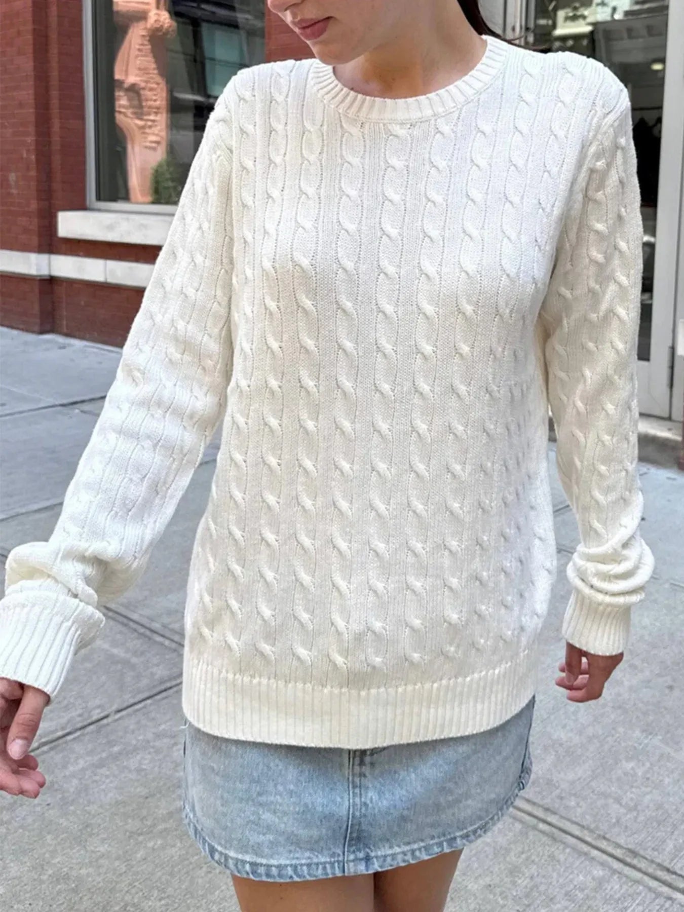 Cable-Knit Round Neck Pullover Sweater OutfitFlow