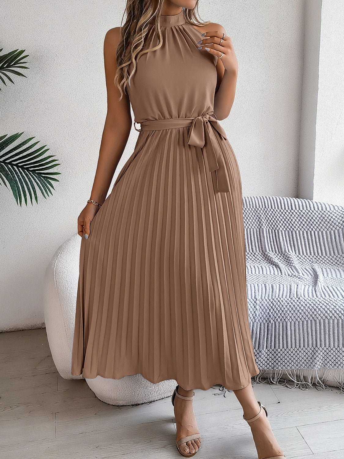 Grecian Neck Tie Waist Pleated Dress OutfitFlow
