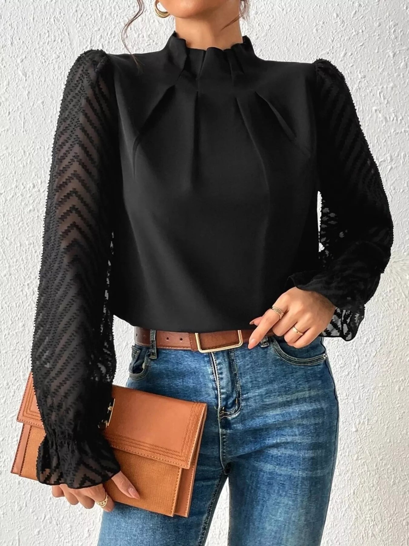 Mock Neck Sheer Lace Sleeve Blouse Black OutfitFlow