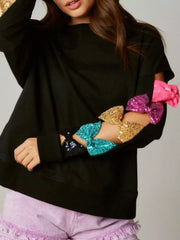 Sequin Bow Cutout Round Neck Sweatshirt OutfitFlow