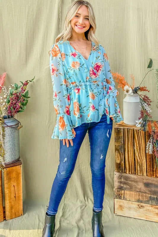 And The Why Floral Print Draw String Bell Sleeve Top OutfitFlow