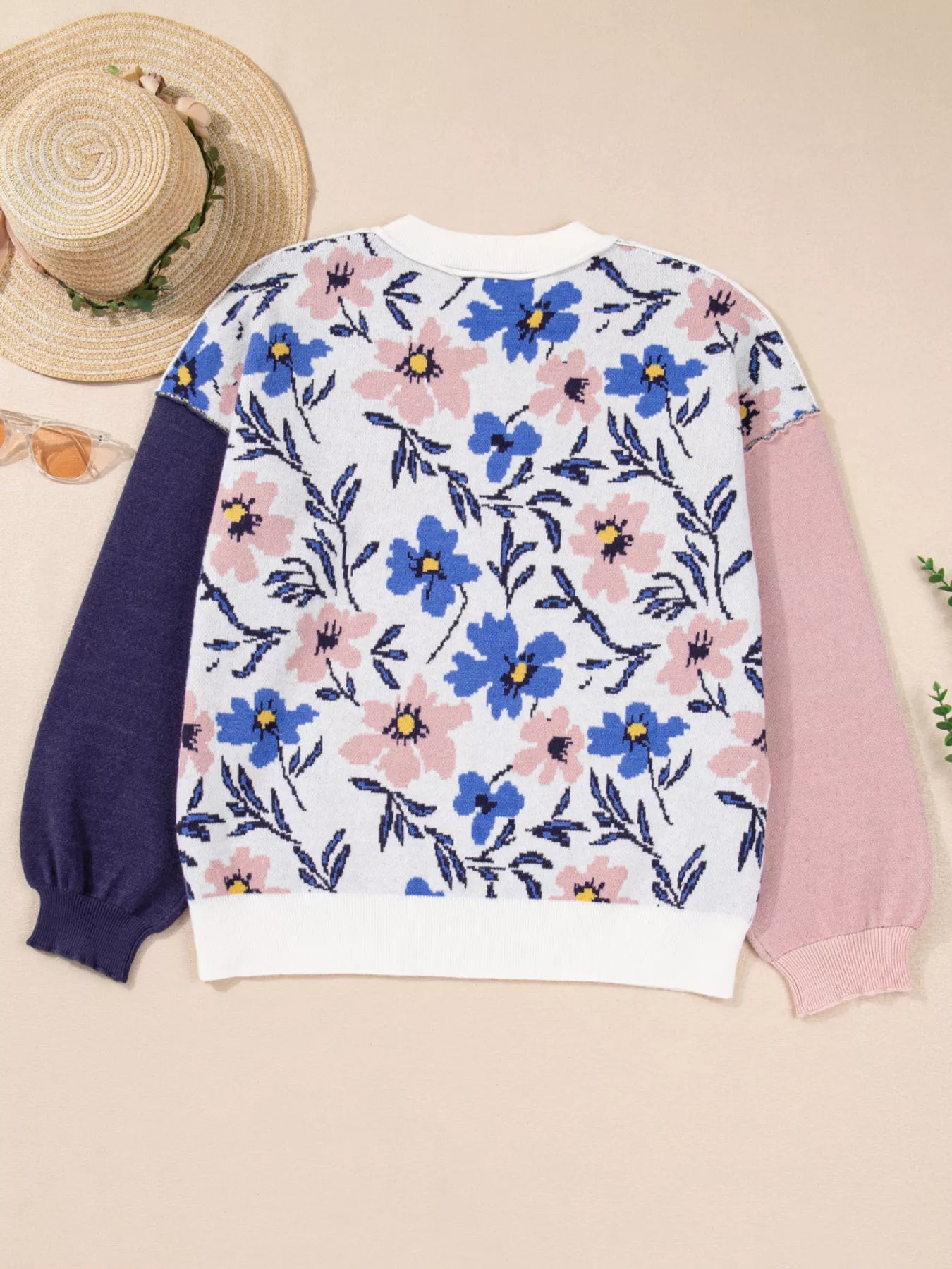 Floral Panel Colorblock Sleeve Patchwork Sweater OutfitFlow
