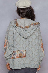 POL Zip Up Floral and Lace Patch Washed Denim Jacket OutfitFlow