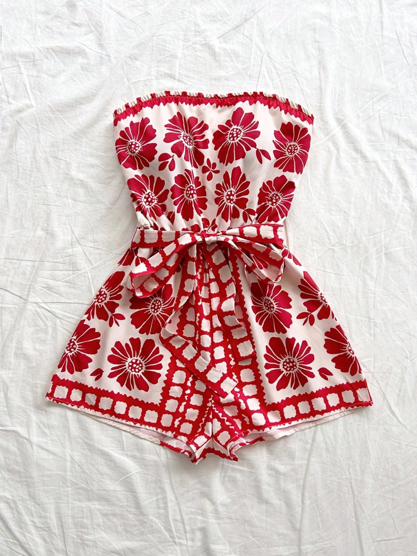 Printed Tube Tie Waist Romper OutfitFlow