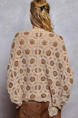 POL Openwork V-Neck Chenille Cardigan with Contrast Floral OutfitFlow