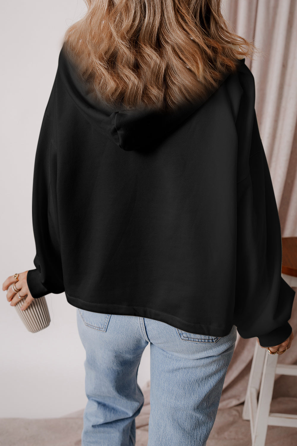 Pocketed Half Zip Dropped Shoulder Hoodie OutfitFlow