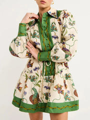 Printed Lantern Sleeve Shirt Dress Dark Green OutfitFlow