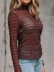 Sheer Mesh Patterned Lettuce Trim Slim Long Sleeve Top OutfitFlow