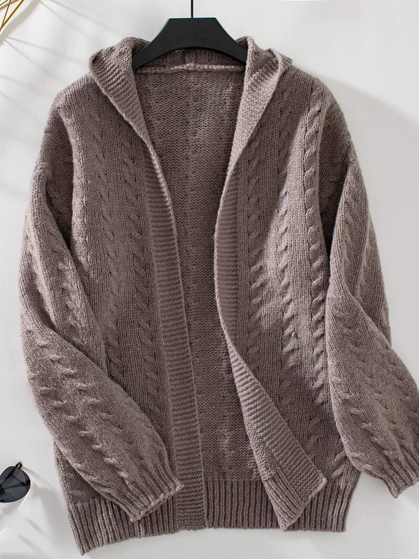Cable Knit Open Front Hooded Cardigan Coffee Brown Trendsi