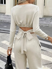 Long Sleeve Crop Top and Wide Leg Pants Set OutfitFlow