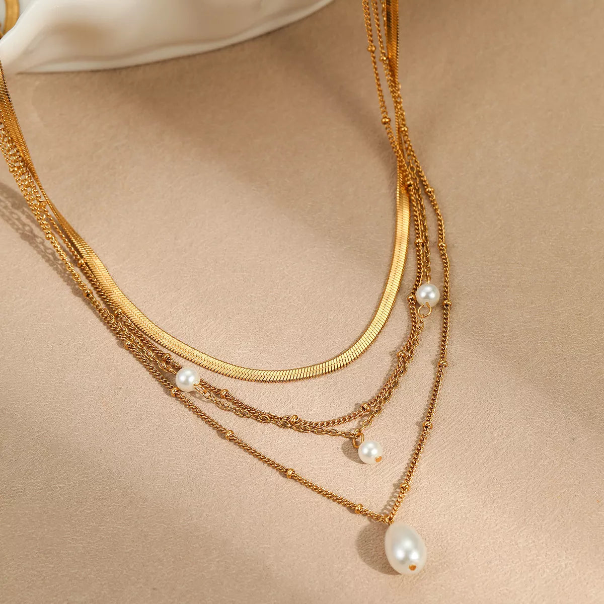 18K Gold-Plated Four-Layered Pearl Necklace OutfitFlow