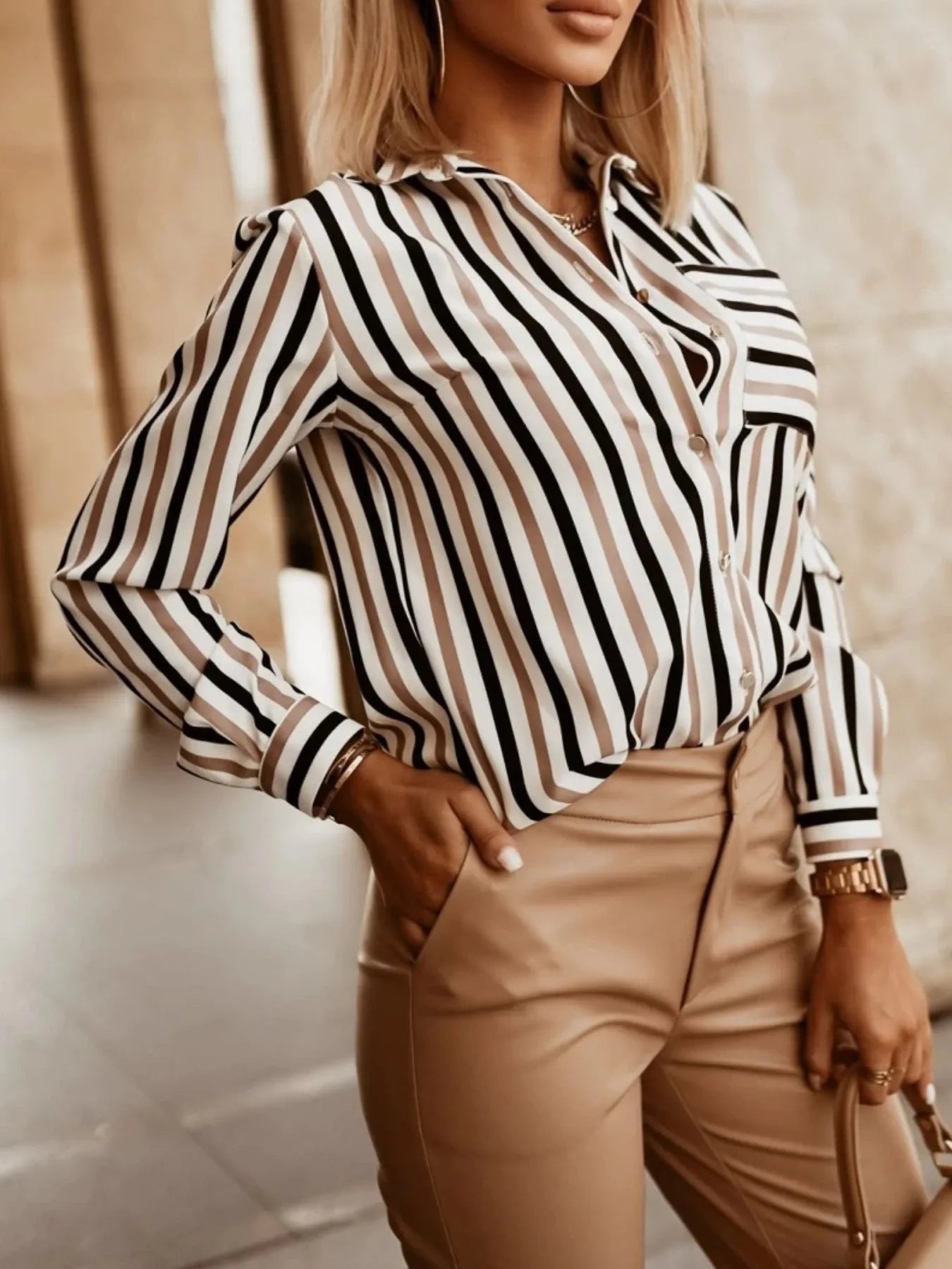 Striped Button-Down Long Sleeve Shirt OutfitFlow