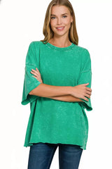 Zenana French Terry Washed Drop Shoulder Short Sleeve Top Trendsi