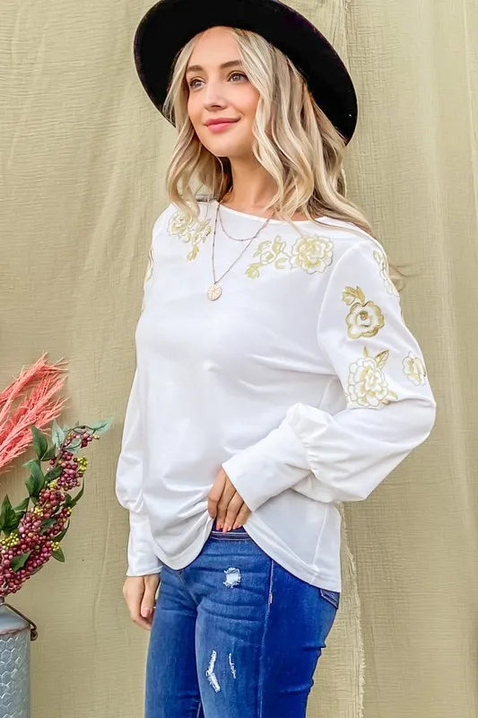 And The Why Flower Gold Embroidery Shoulder Detailed Top OutfitFlow