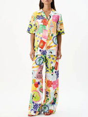 Printed Button Up Shirt and Pants Set OutfitFlow