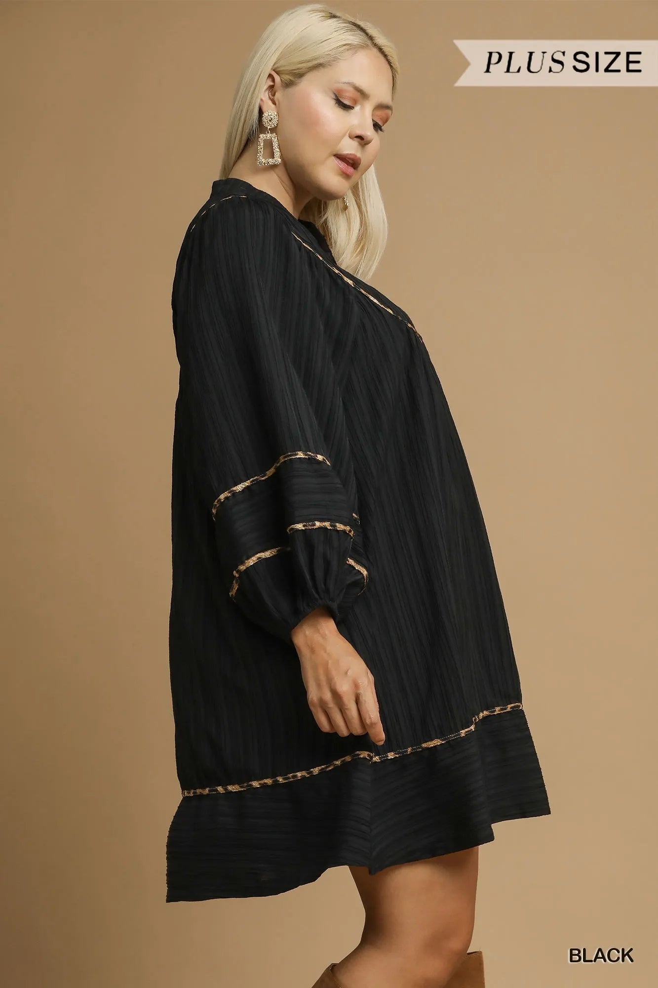 Umgee Full Size Textured Babydoll Dress with Leopard Trim Plus Size OutfitFlow