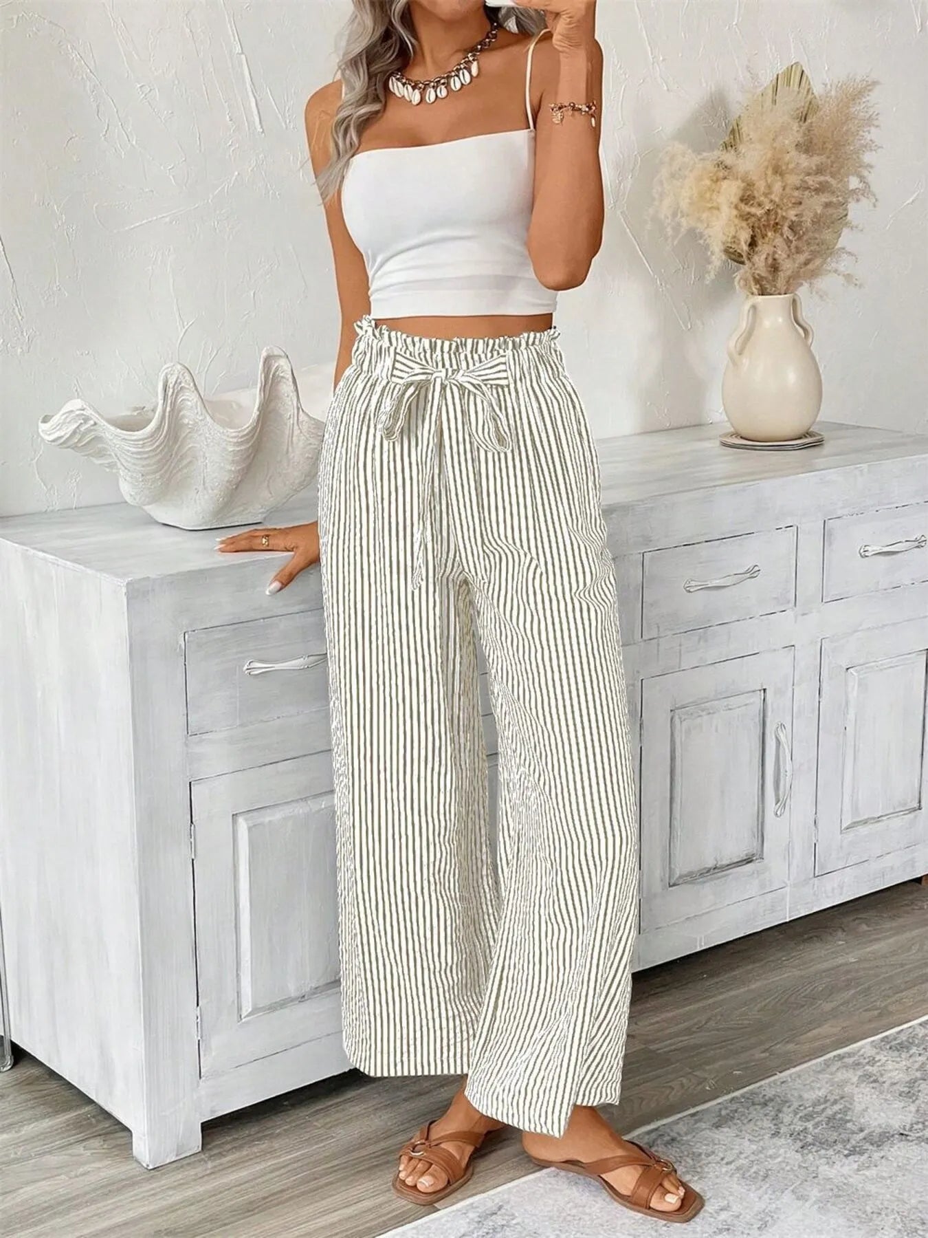 Full Size Striped Wide Leg Paper Bag Pants Plus Size OutfitFlow