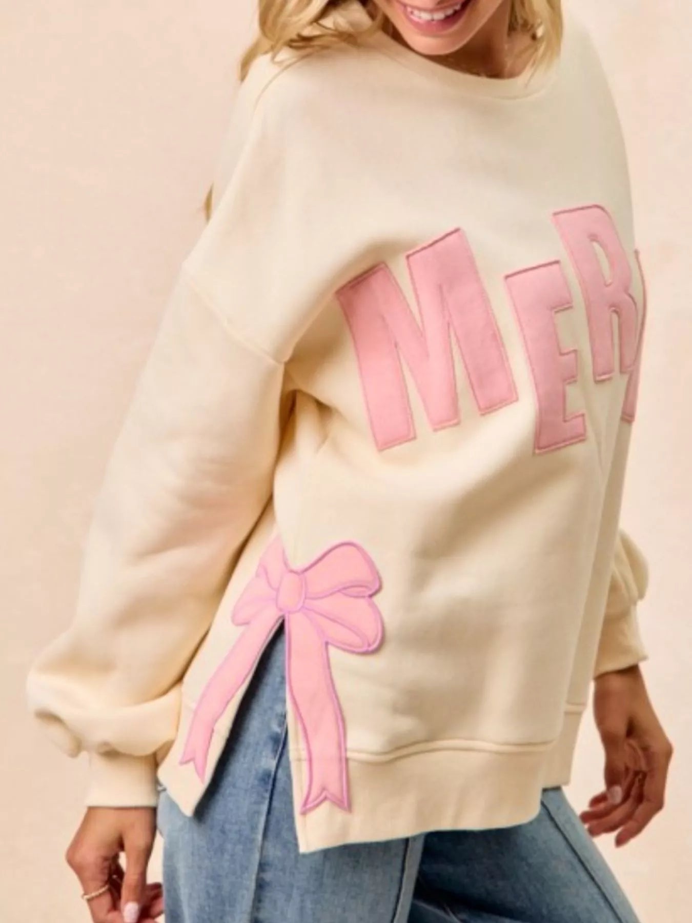 MERRY Bow Slit Crew Neck Christmas Sweatshirt OutfitFlow