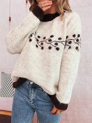 Contrast Hem Round Neck Sweater Ivory One Size OutfitFlow