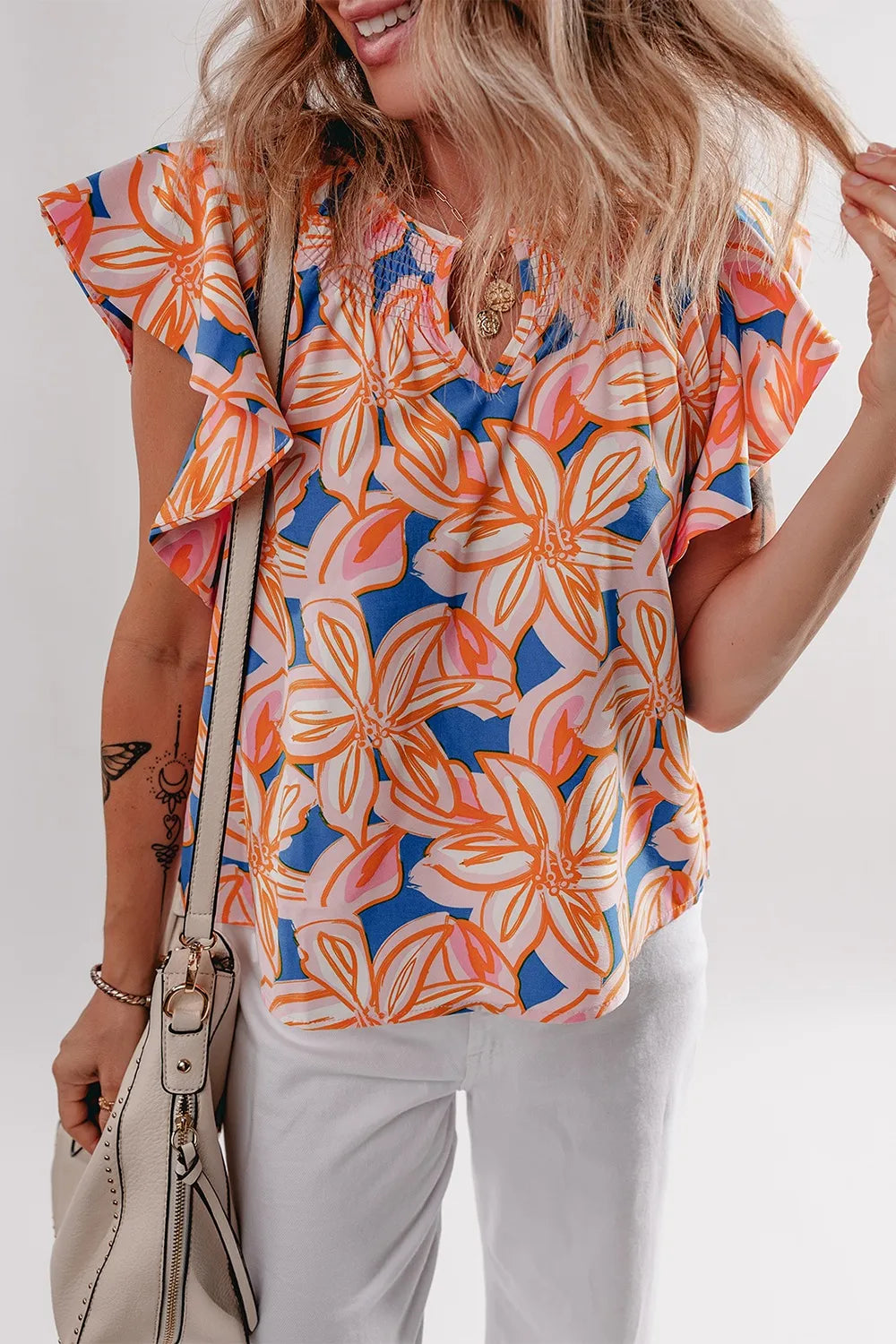 Flower Print Notched Neck Ruffle Sleeve Blouse OutfitFlow