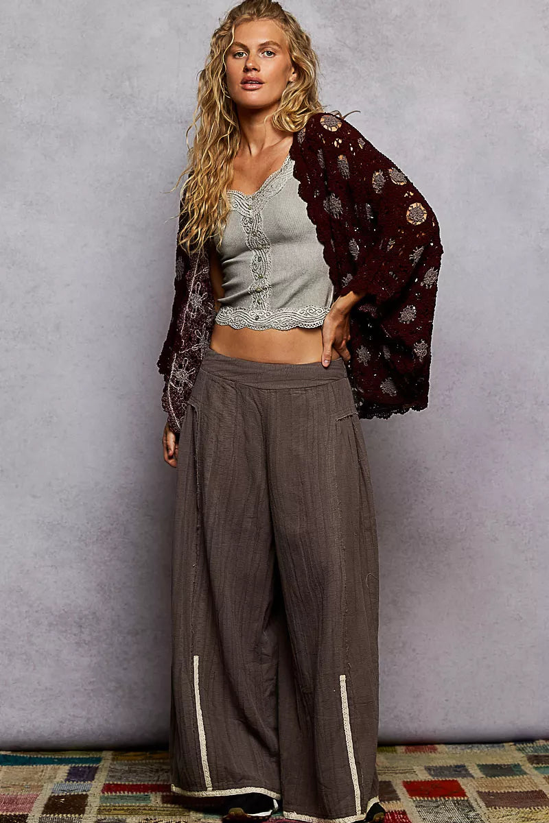 POL Openwork V-Neck Chenille Cardigan with Contrast Floral OutfitFlow