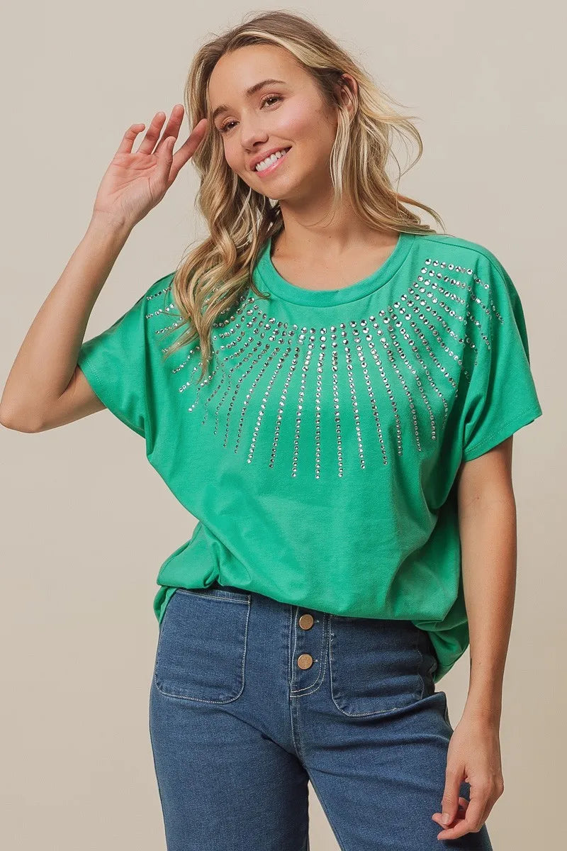 BiBi Rhinestone Beaded Short Sleeve Top OutfitFlow