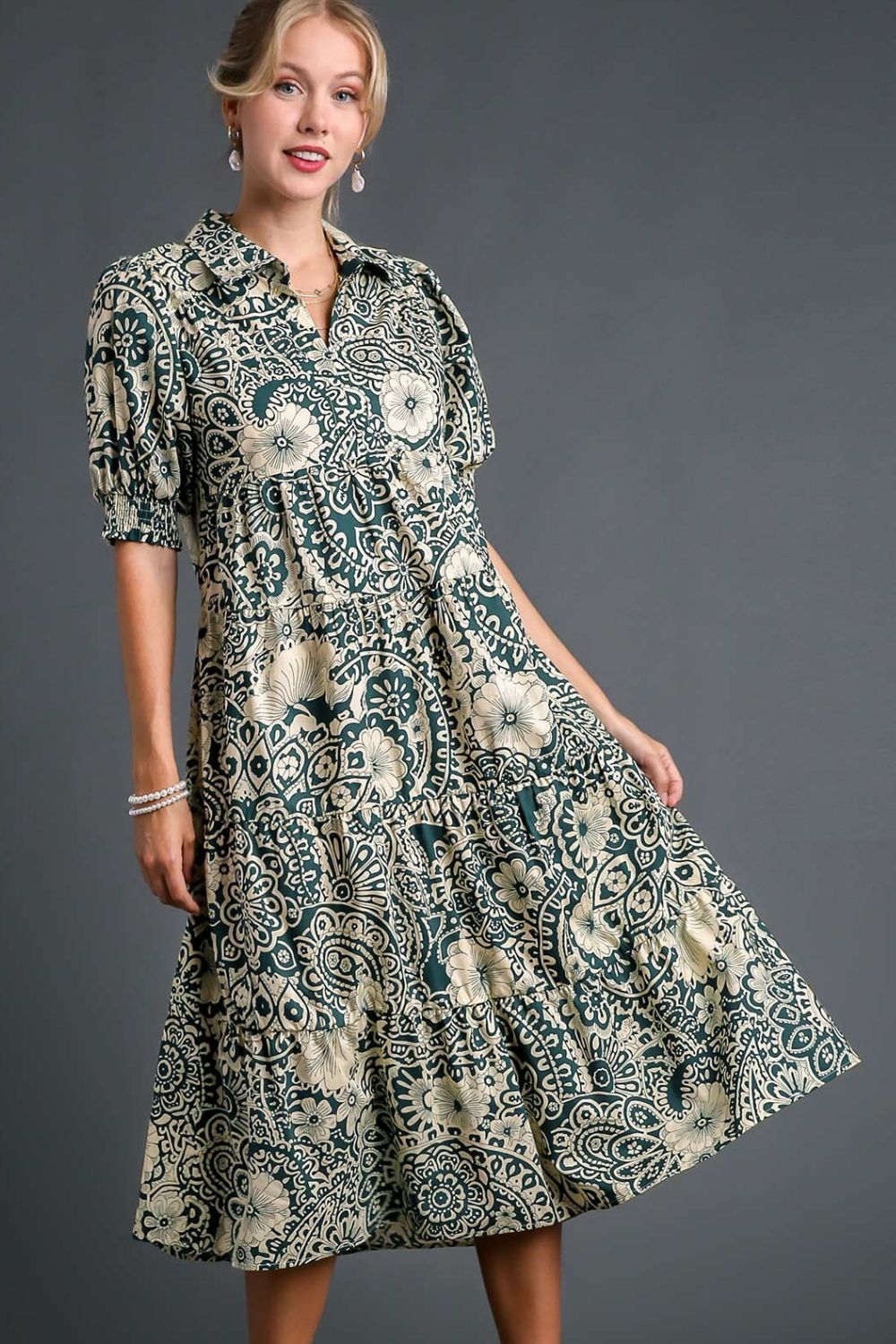 Umgee Full Size Printed Smocked Cuff Puff Sleeve Midi Dress Plus Size Turquoise OutfitFlow