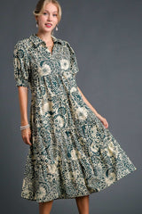 Umgee Full Size Printed Smocked Cuff Puff Sleeve Midi Dress Plus Size Turquoise OutfitFlow