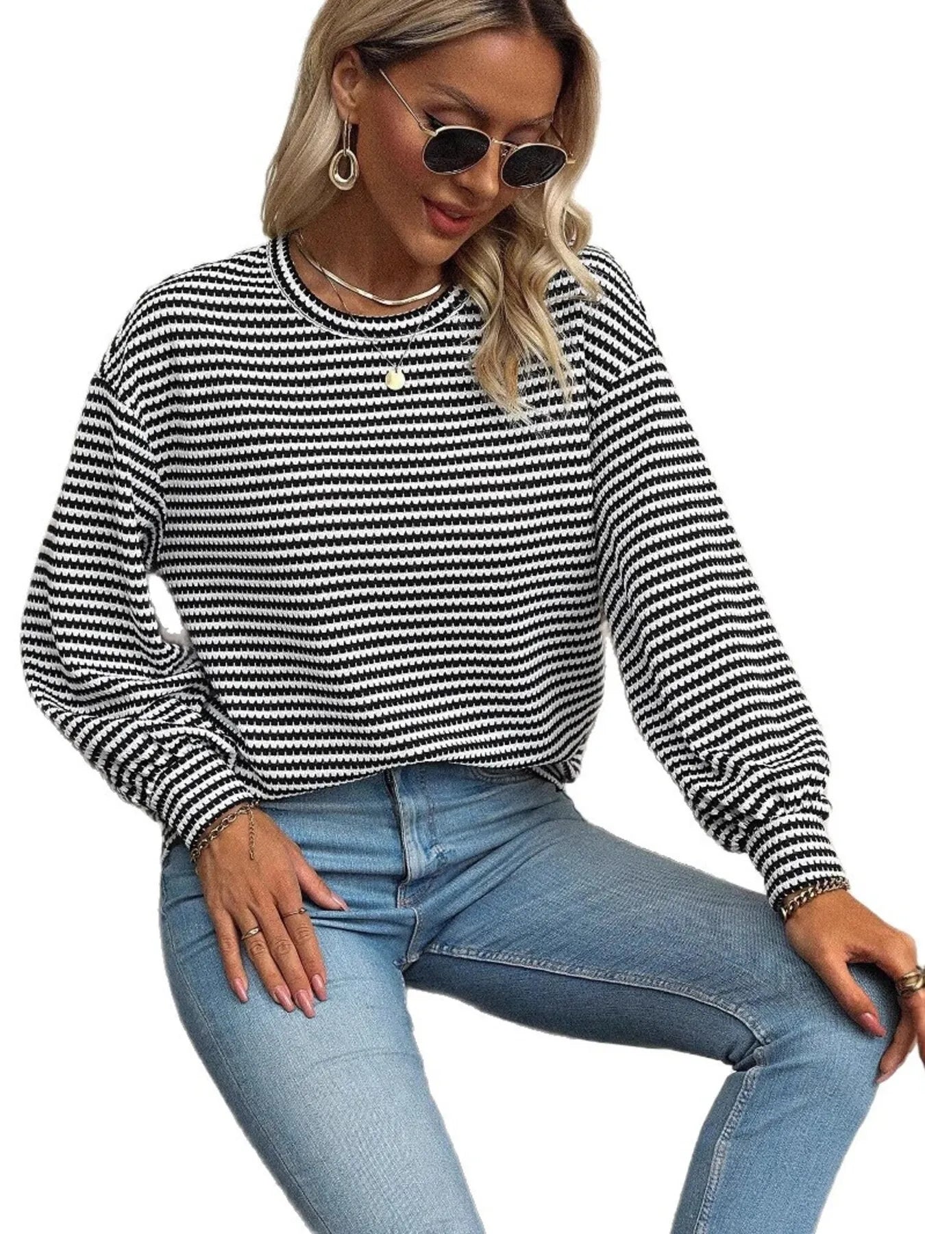 Striped Round Neck Lantern Sleeve Top OutfitFlow