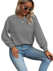 Striped Round Neck Lantern Sleeve Top OutfitFlow