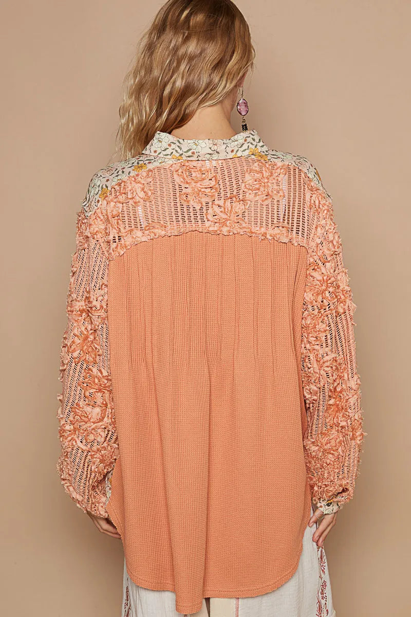 POL Floral Half Button Lace Detail Long Sleeve Top OutfitFlow