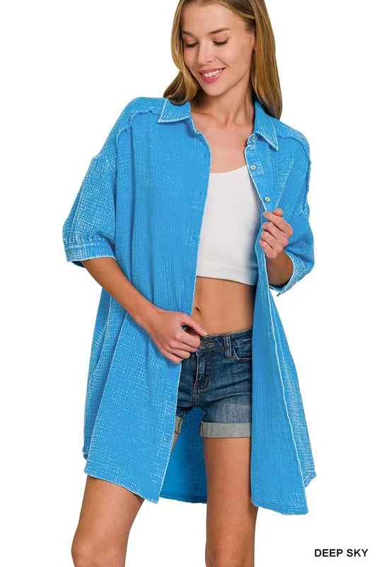 Zenana Washed Double Gauze Button Down Shirt Dress OutfitFlow