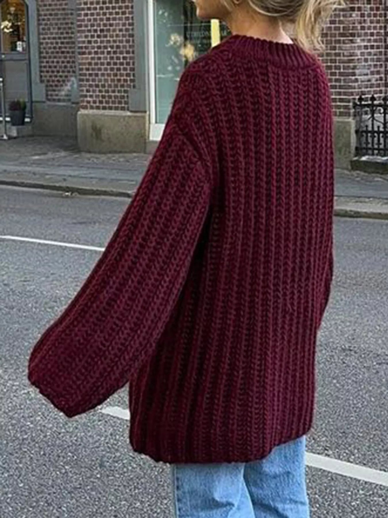Oversized Chunky Knit Round Neck Sweater OutfitFlow
