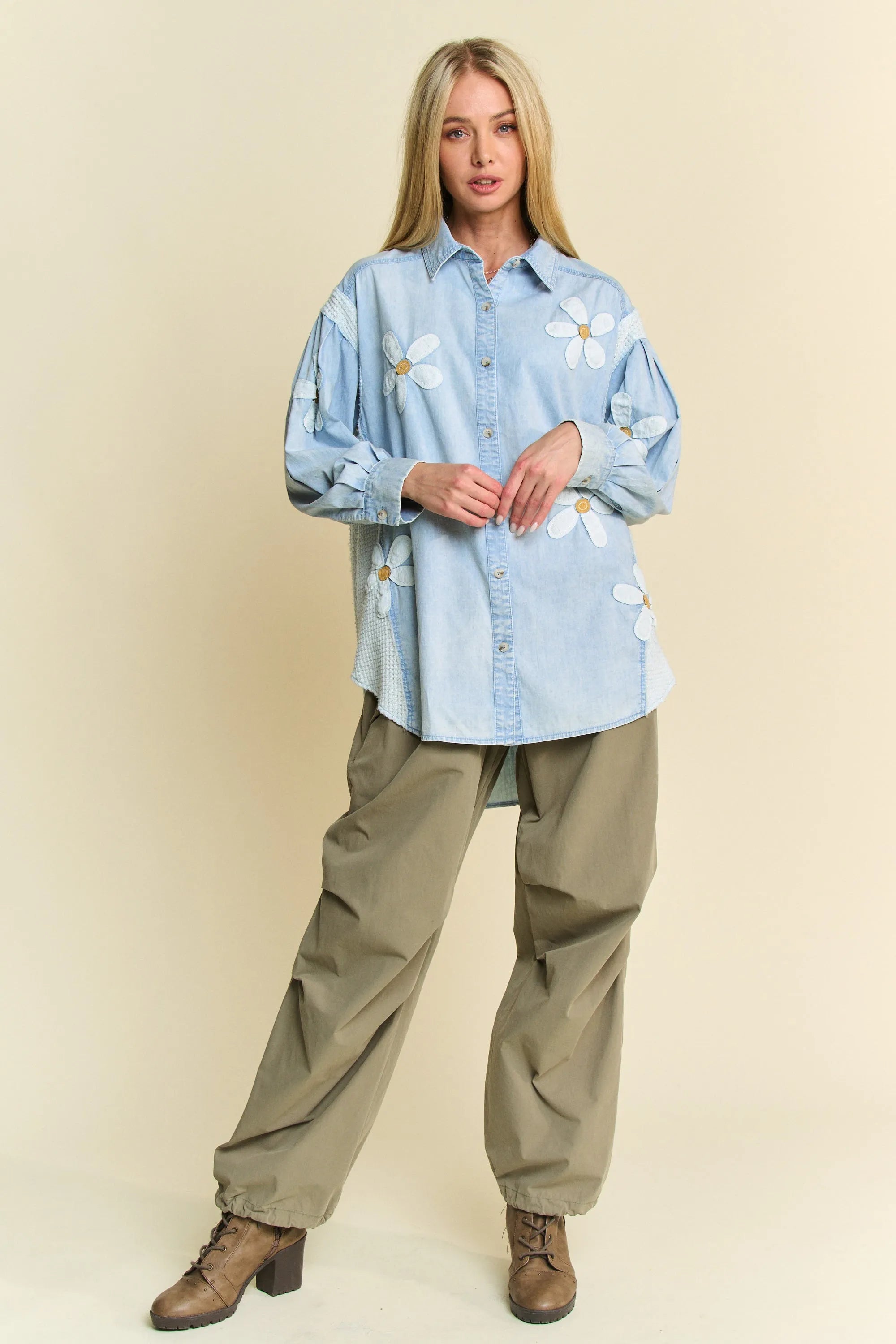 Davi & Dani Lightweight Washed Daisy Patch Waffle Knit Shirt OutfitFlow