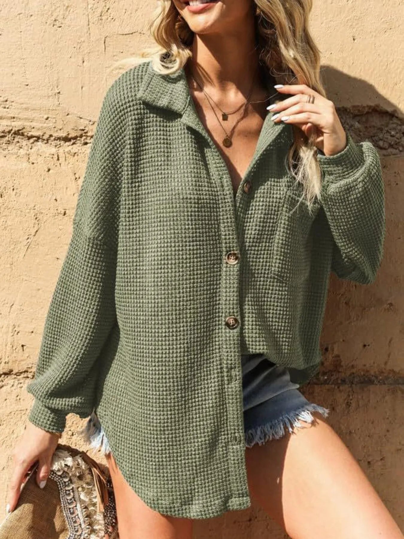 Waffle Knit Button-Down Shirt Army Green OutfitFlow